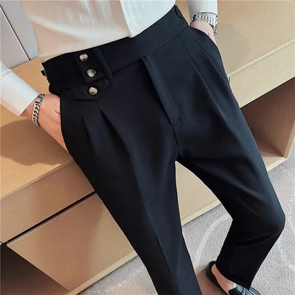 2025 Spring Autumn Men High Waist Belt Design Casual Slim Formal Dress Pant Men Social Office Wedding Party Dress Suit Pants