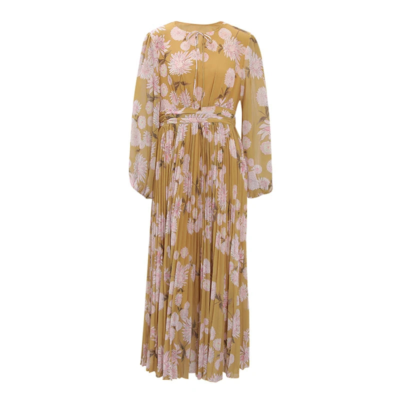 BOC-WEAR LANMREM Pleated Long Dress - Floral Print Lace-Up Dress for Church - BOC-WEAR