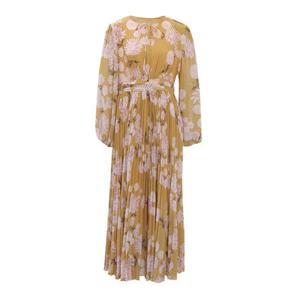 BOC-WEAR LANMREM Pleated Long Dress - Floral Print Lace-Up Dress for Church - BOC-WEAR