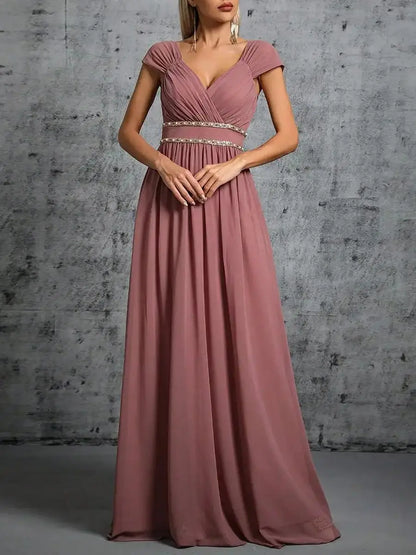 V-neck card shoulder folded colorful chain chiffon large swing party dress