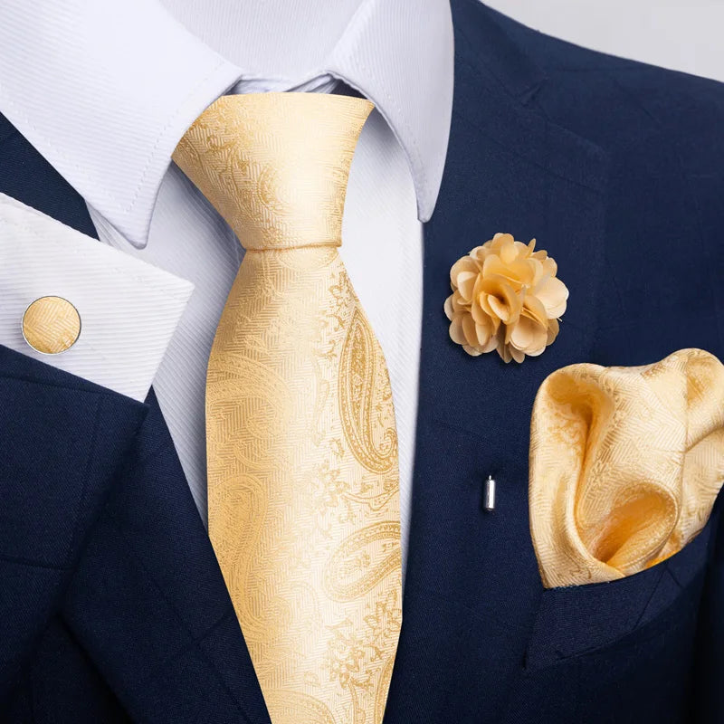 Luxury Men's Floral Tie Set - Black Gold Paisley Necktie with Pocket Square, Cufflinks & Brooch - BOC-WEAR