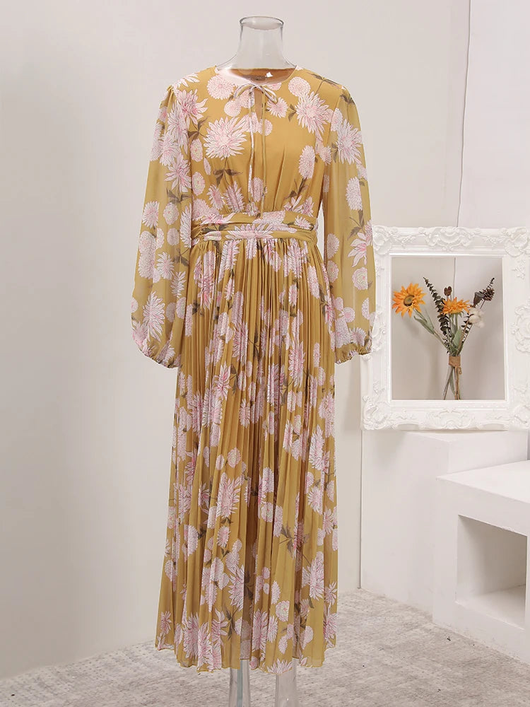 BOC-WEAR LANMREM Pleated Long Dress - Floral Print Lace-Up Dress for Church - BOC-WEAR