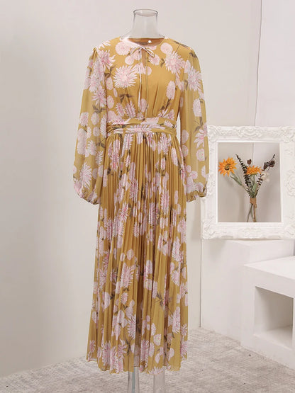 BOC-WEAR LANMREM Pleated Long Dress - Floral Print Lace-Up Dress for Church - BOC-WEAR