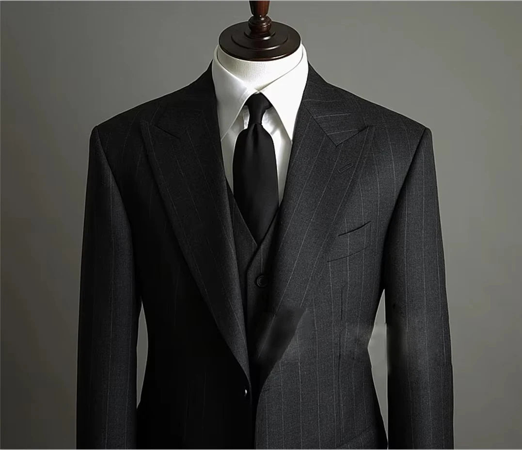 Men's Classic Dark Grey Striped 3-Piece Suit - Formal Business Wedding Groom Suit Set - BOC-WEAR