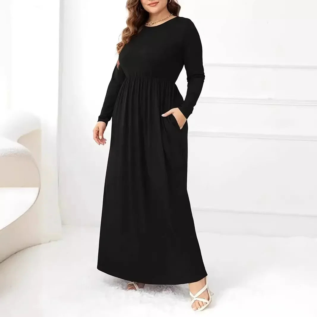 Plus Size Plus Size Solid Color Dress Casual Waist Cinched Long Sleeve round Neck Long Dress Comfortable Fashion Women's Clot... - BOC-WEAR