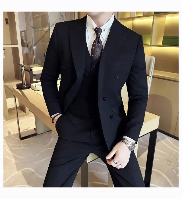 Men's Slim Fit Business Suit Set - Double Breasted Wedding Groom Suit with Pants | British Style - BOC-WEAR