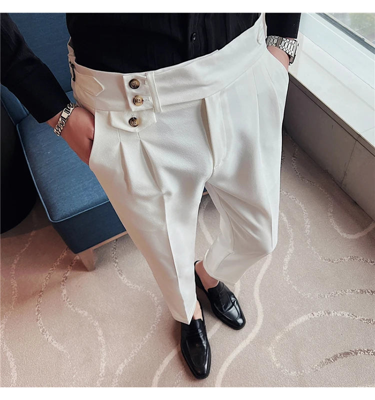 2025 Spring Autumn Men High Waist Belt Design Casual Slim Formal Dress Pant Men Social Office Wedding Party Dress Suit Pants