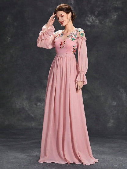 Embroidered Chiffon Long Sleeve Ball Dress