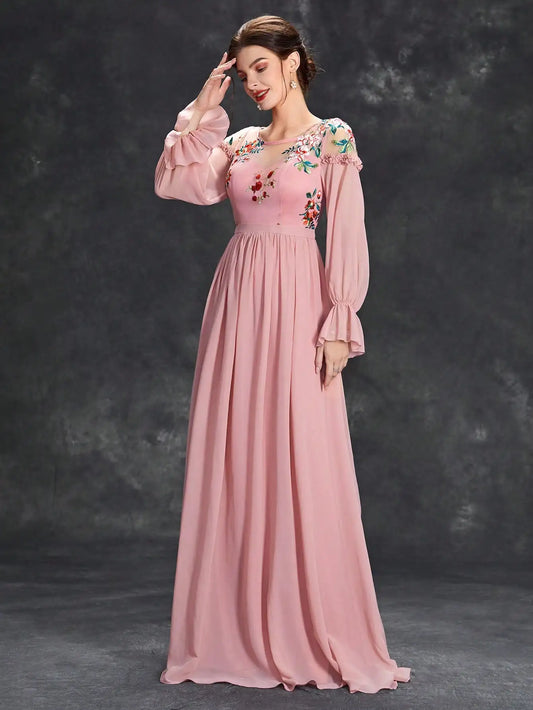 Embroidered Chiffon Long Sleeve Ball Dress