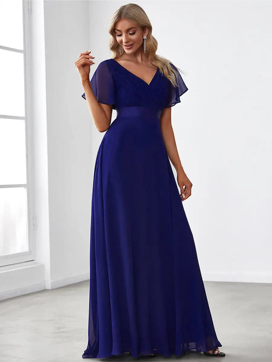 Double V-Neck Ruffled Evening Dress