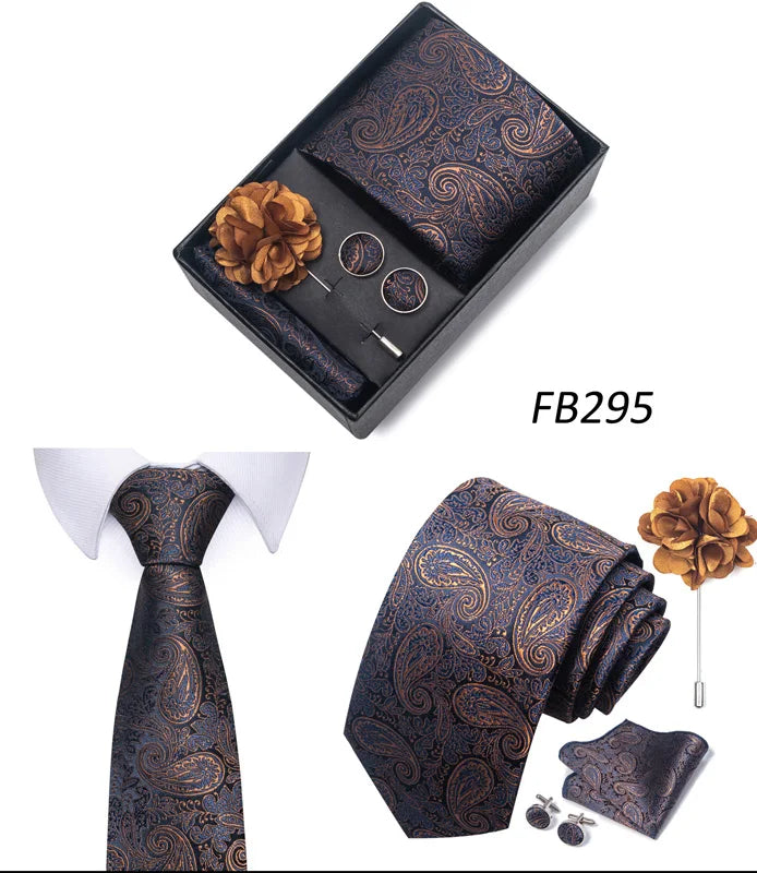 New Designer Blue Red Green Paisley Ties For Men Wedding Party Neck Tie Luxury Tie Pocket Square Cufllink Brooch Set - BOC-WEAR