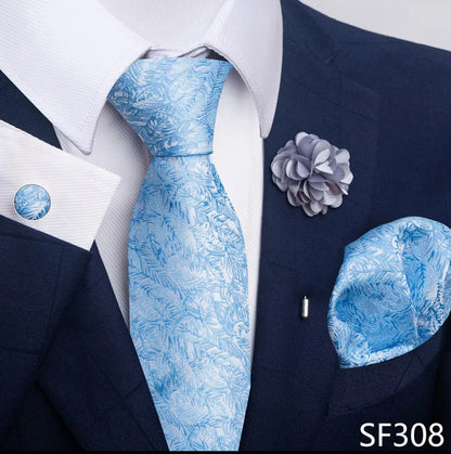 Luxury Men's Floral Tie Set - Black Gold Paisley Necktie with Pocket Square, Cufflinks & Brooch - BOC-WEAR