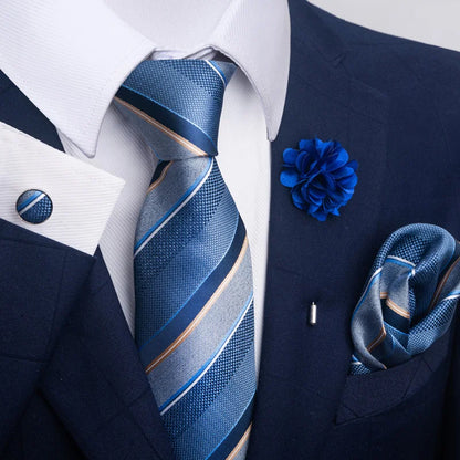 Luxury Men's Floral Tie Set - Black Gold Paisley Necktie with Pocket Square, Cufflinks & Brooch - BOC-WEAR