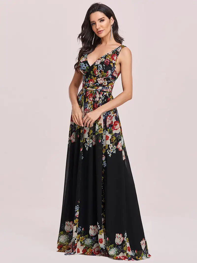 Double V-Neck Chiffon Maxi Prom Dress