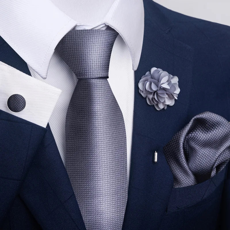 Luxury Men's Floral Tie Set - Black Gold Paisley Necktie with Pocket Square, Cufflinks & Brooch - BOC-WEAR