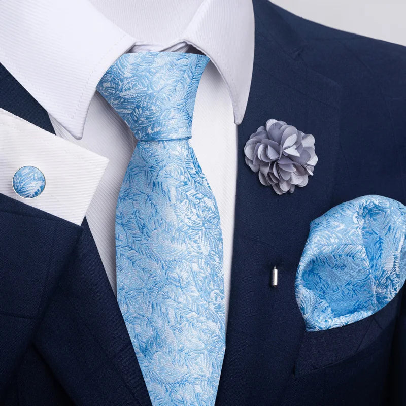 Luxury Men's Floral Tie Set - Black Gold Paisley Necktie with Pocket Square, Cufflinks & Brooch - BOC-WEAR