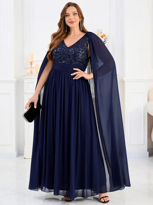 Gorgeous Evening Dress V Neck Long sleeves Sequin Applique Floor Length 2025 Ever Pretty of Navy Blue Bridesmaid Dresses