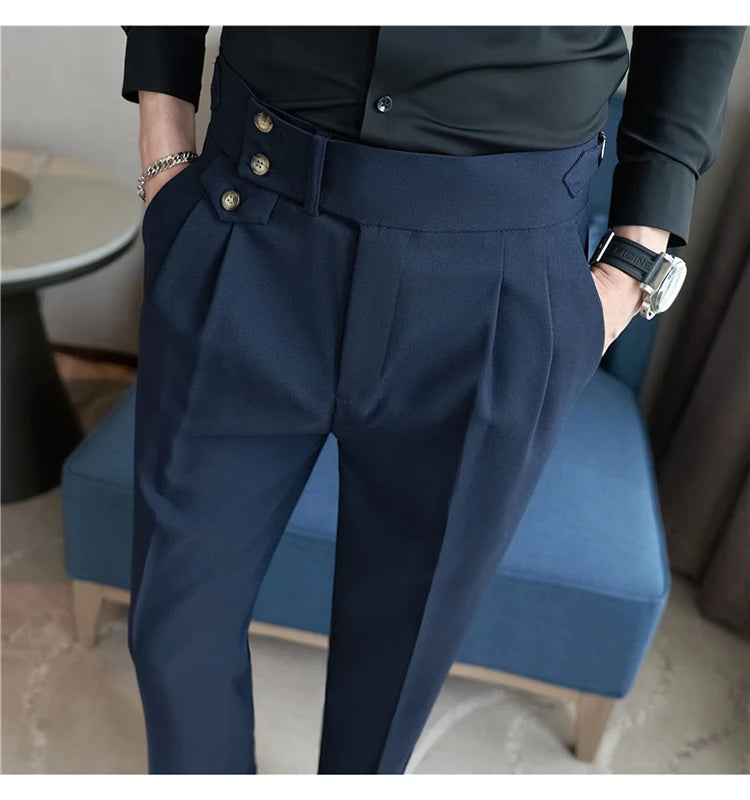 2025 Spring Autumn Men High Waist Belt Design Casual Slim Formal Dress Pant Men Social Office Wedding Party Dress Suit Pants