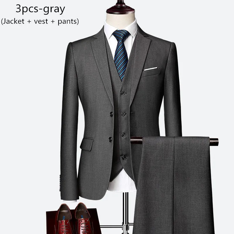 Luxury 3 piece men's wedding suit fashion men's slim solid color business office suit sets large size men Blazer+ pants + vest - BOC-WEAR