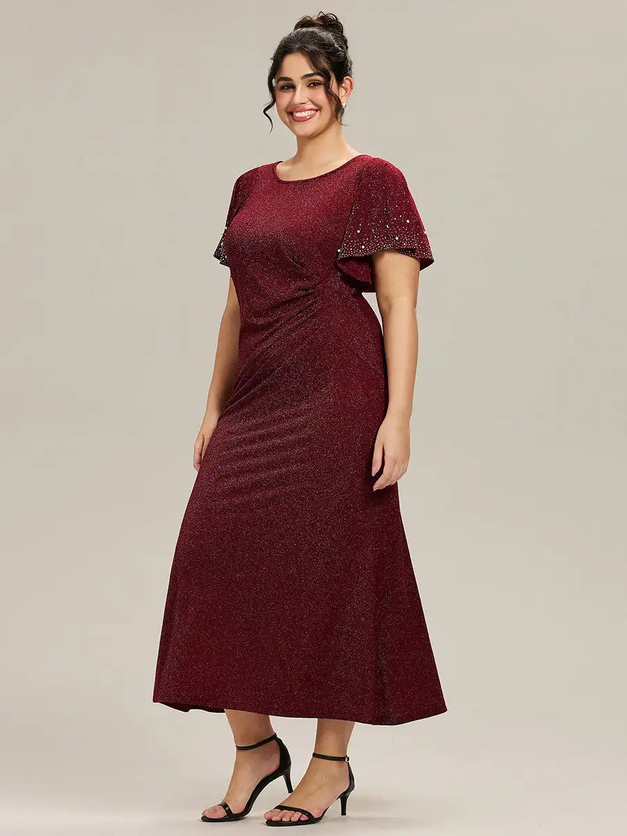 Plus Size Evening Dresses Short Sleeve Ruffle Beaded 2025 Ever Pretty of Fishtail Burgundy Maxi Evening Dresses