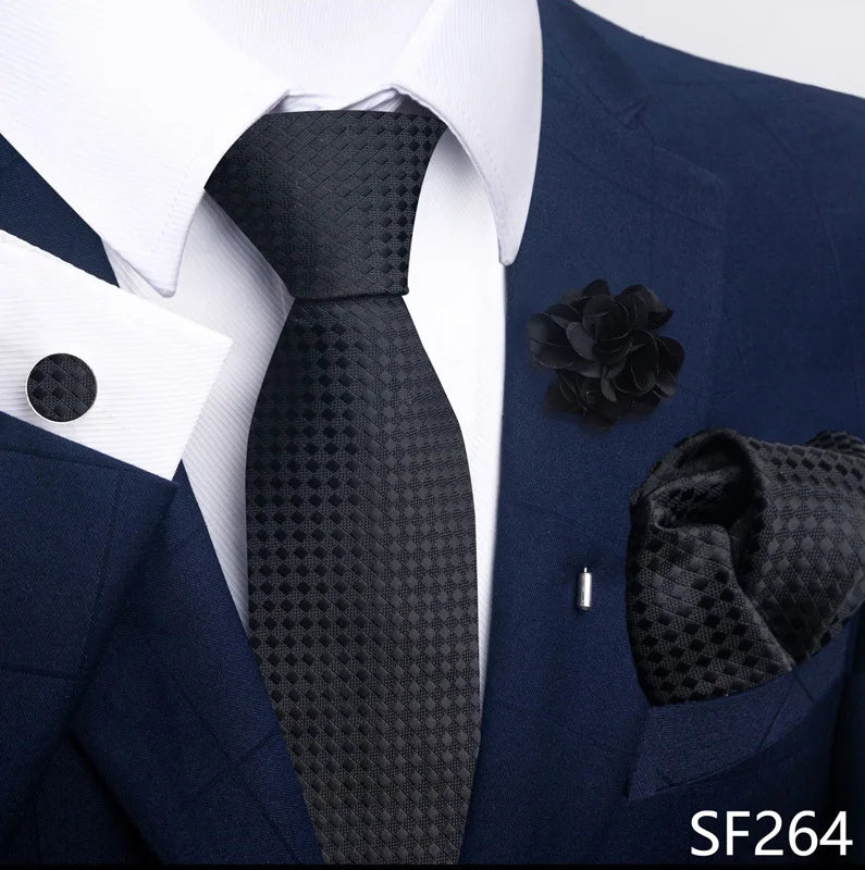 Luxury Men's Floral Tie Set - Black Gold Paisley Necktie with Pocket Square, Cufflinks & Brooch - BOC-WEAR