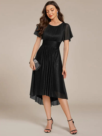 Elegant Evening Dresses Short Sleeves Pleated Ruffle Round Neck Asymmetrical 2025 Ever Pretty of Black Wedding Guest Dress