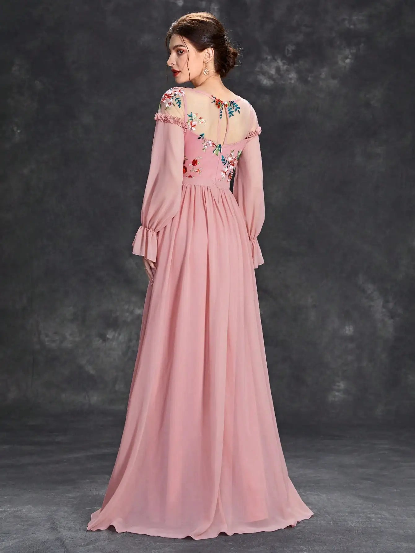 Embroidered Chiffon Long Sleeve Ball Dress
