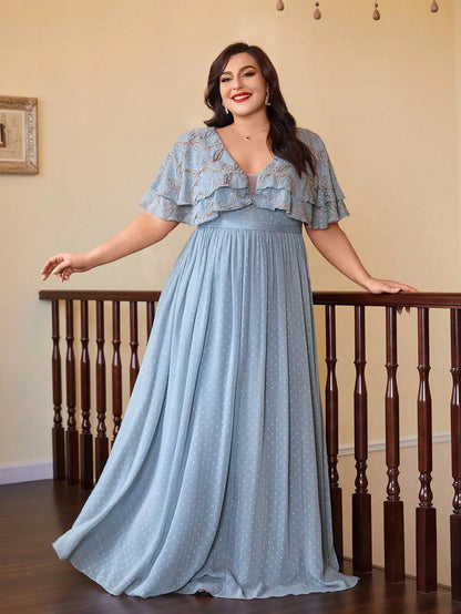 V-neck, double-layered shawl sleeves, chiffon, gold thread embroidery, large hem, bright silk long dress