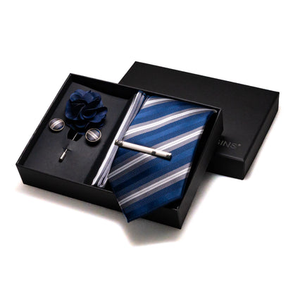 Navy blue Silk Necktie Paisley Floral Mens Tie Pocket Square Cufflinks Set Quality Business Wedding Birthday Gift Box Gravatas - BOC-WEAR