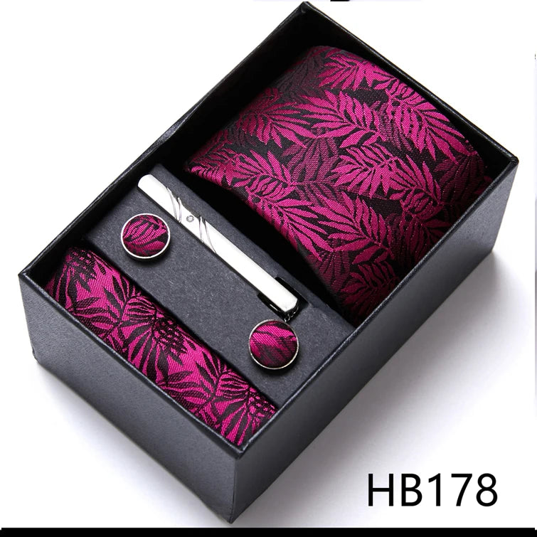 Top Grade Holiday Gift Box 7.5 cm Green Print Tie Pocket Squares Cufflink Set Gravatas Man Suit Accessories Fit Formal Party - BOC-WEAR