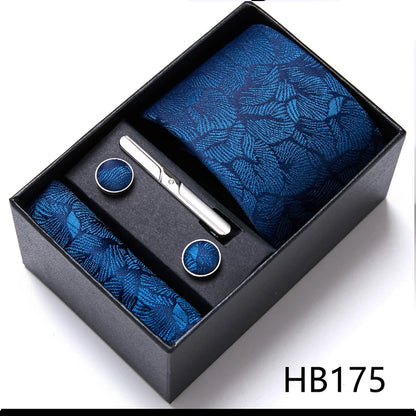 Top Grade Holiday Gift Box 7.5 cm Green Print Tie Pocket Squares Cufflink Set Gravatas Man Suit Accessories Fit Formal Party - BOC-WEAR