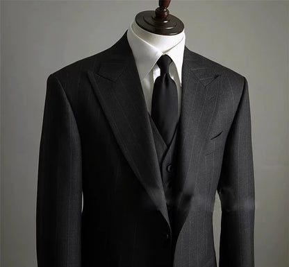 Men's Classic Dark Grey Striped 3-Piece Suit - Formal Business Wedding Groom Suit Set - BOC-WEAR