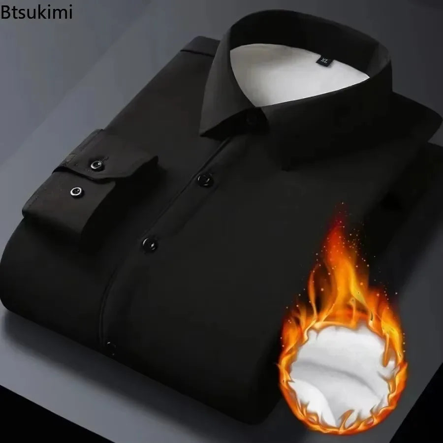 2025 Men's Autumn Winter Long Sleeve Shirts White Warm Fleece Stretch Shirt Formal Business Office Wear Dress Shirts Male M-5XL - BOC-WEAR