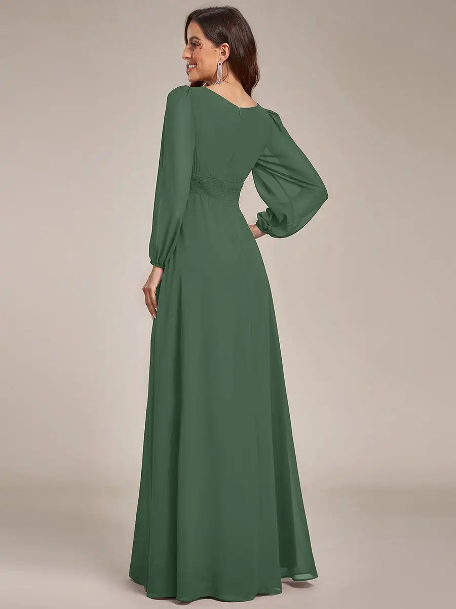 JAEL Classic Evening Dress - Round Neck A-Line Bridesmaid Dress with Lantern Sleeves