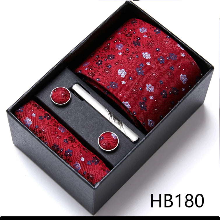 Top Grade Holiday Gift Box 7.5 cm Green Print Tie Pocket Squares Cufflink Set Gravatas Man Suit Accessories Fit Formal Party - BOC-WEAR