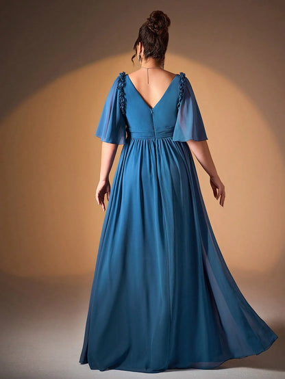 Mgiacy's new V-neck ruffled pleated pearl chiffon mid-sleeved wide-swing high-end evening dress