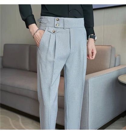 2025 Spring Autumn Men High Waist Belt Design Casual Slim Formal Dress Pant Men Social Office Wedding Party Dress Suit Pants