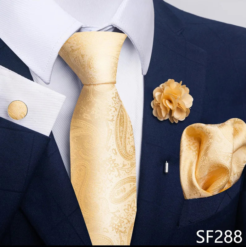 Luxury Men's Floral Tie Set - Black Gold Paisley Necktie with Pocket Square, Cufflinks & Brooch - BOC-WEAR