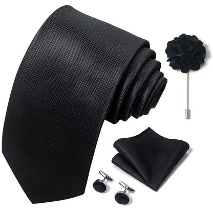 Luxury Men's Floral Tie Set - Black Gold Paisley Necktie with Pocket Square, Cufflinks & Brooch - BOC-WEAR
