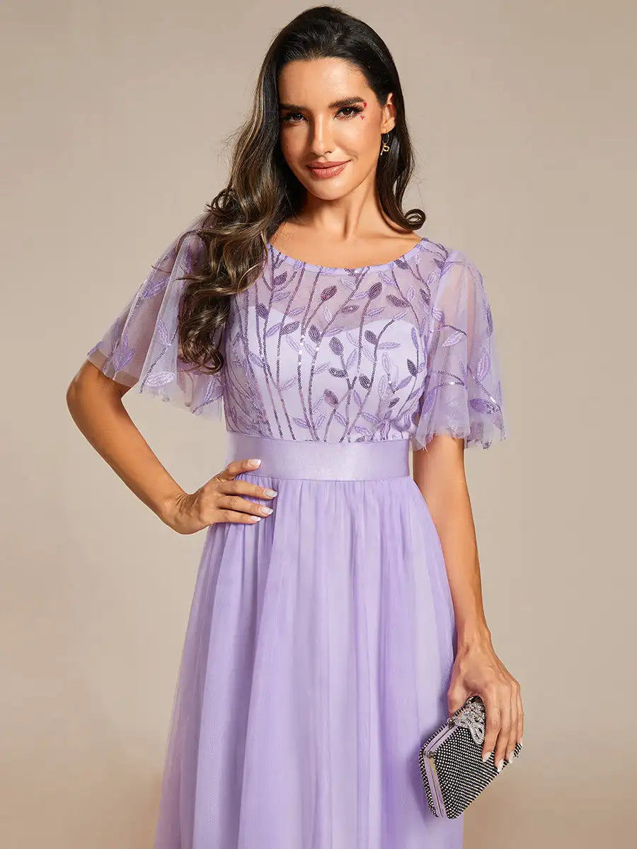 Round Neck Ruffle Sleeve Evening Gown