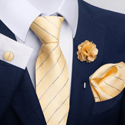 Luxury Men's Floral Tie Set - Black Gold Paisley Necktie with Pocket Square, Cufflinks & Brooch - BOC-WEAR