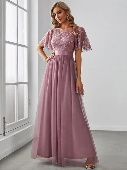Round Neck Ruffle Sleeve Evening Gown