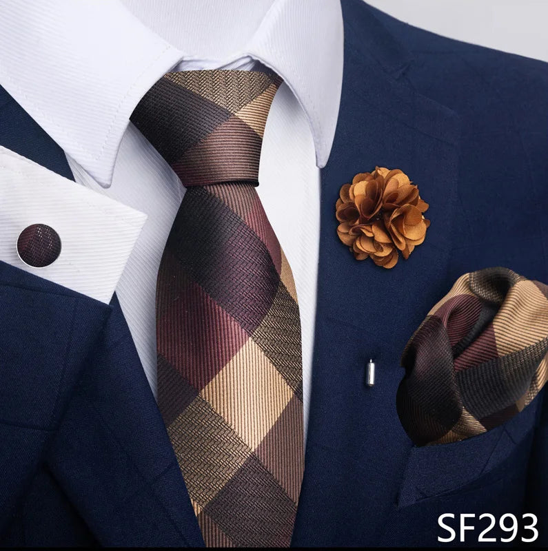 Luxury Men's Floral Tie Set - Black Gold Paisley Necktie with Pocket Square, Cufflinks & Brooch - BOC-WEAR