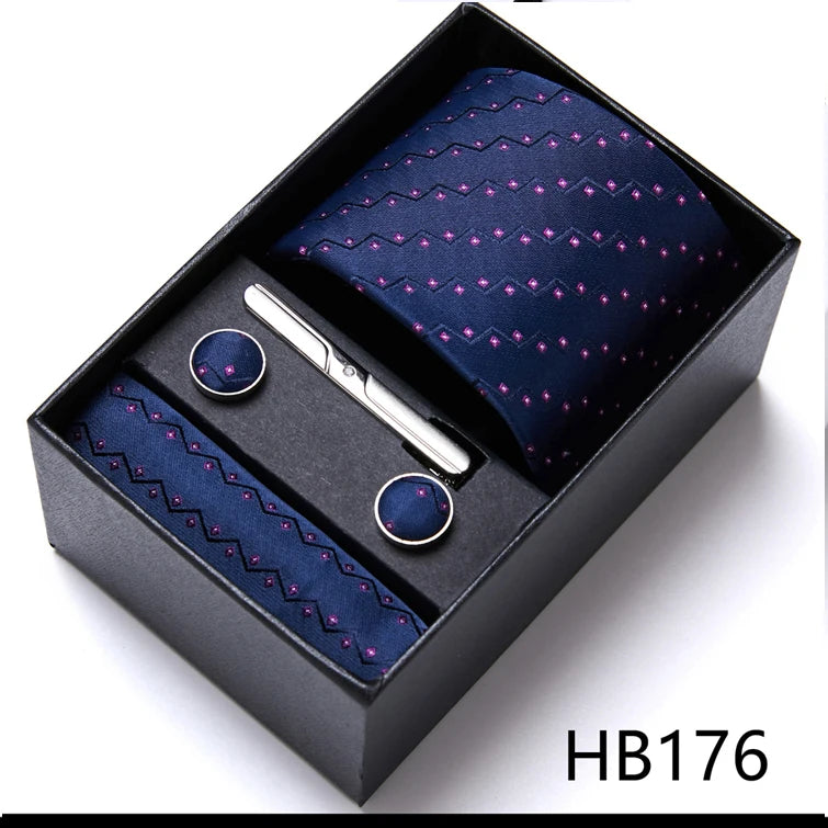 Top Grade Holiday Gift Box 7.5 cm Green Print Tie Pocket Squares Cufflink Set Gravatas Man Suit Accessories Fit Formal Party - BOC-WEAR