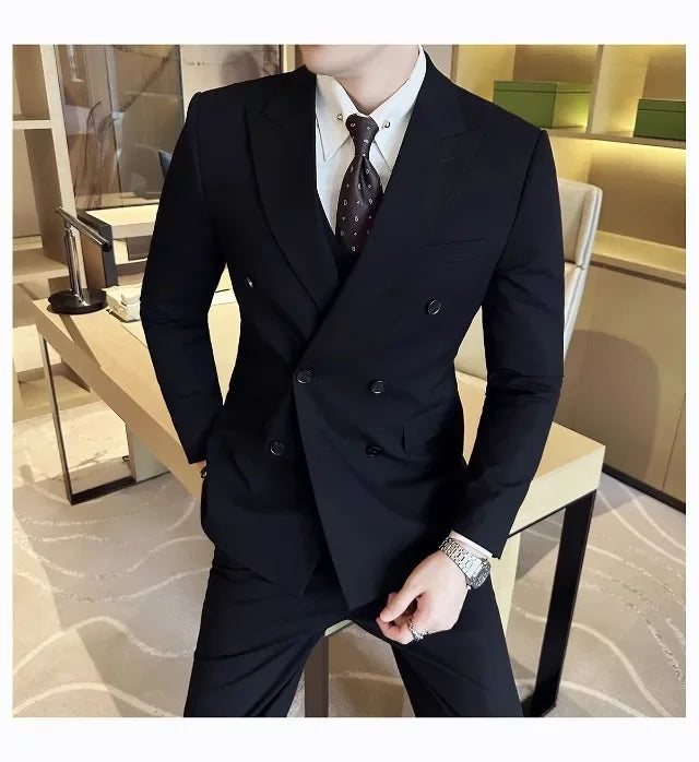 Men's Slim Fit Business Suit Set - Double Breasted Wedding Groom Suit with Pants | British Style - BOC-WEAR
