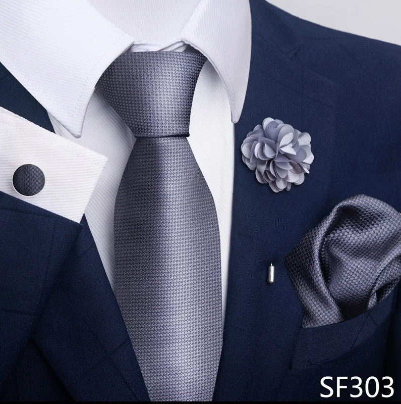 Luxury Men's Floral Tie Set - Black Gold Paisley Necktie with Pocket Square, Cufflinks & Brooch - BOC-WEAR