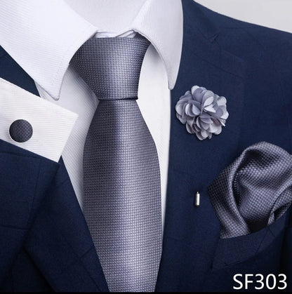 Luxury Men's Floral Tie Set - Black Gold Paisley Necktie with Pocket Square, Cufflinks & Brooch - BOC-WEAR