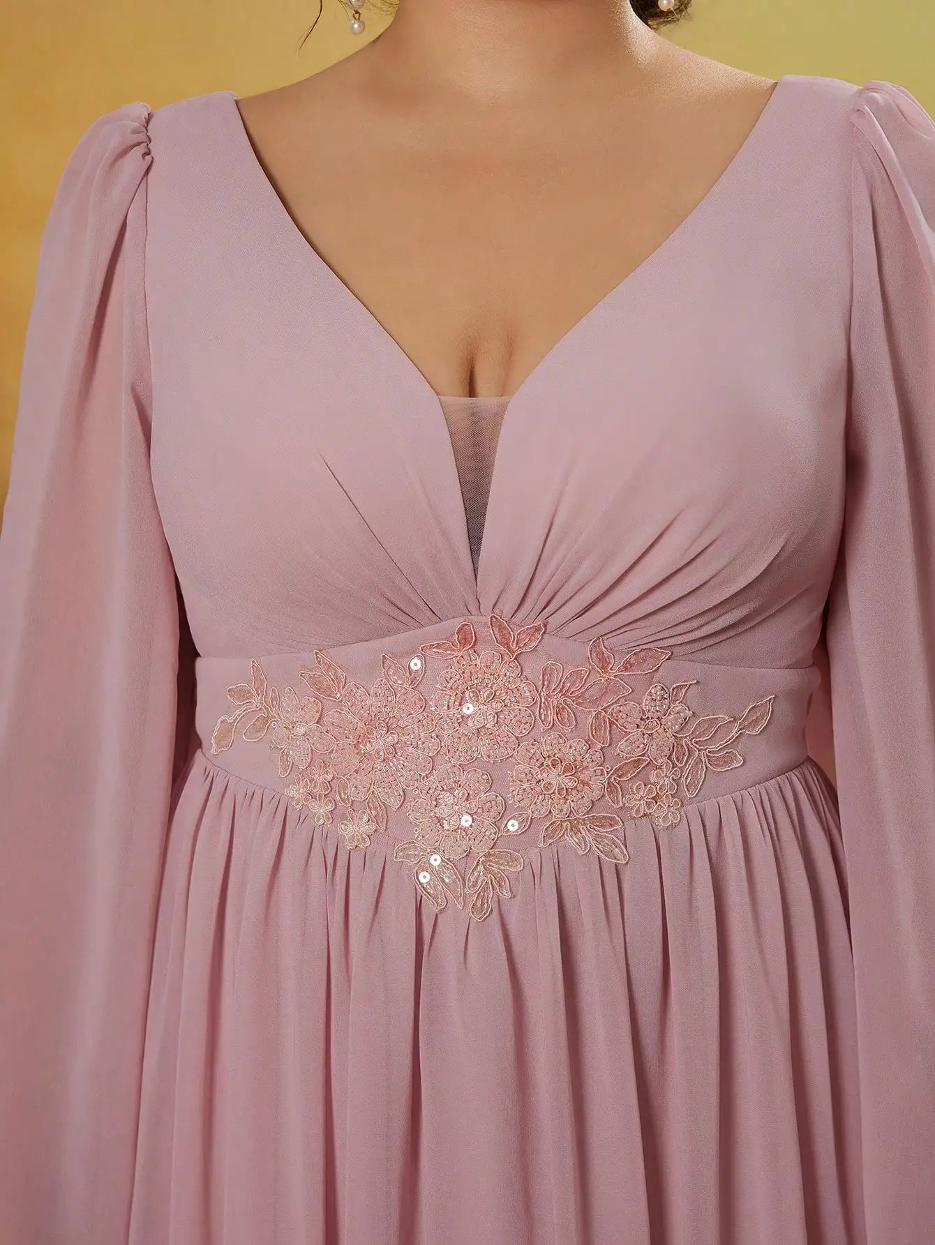 Mgiacyv-neck pearl chiffon irregular sleeves with a shorter front and longer back hem high-end evening dress