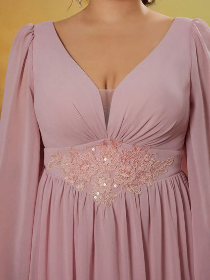 Mgiacyv-neck pearl chiffon irregular sleeves with a shorter front and longer back hem high-end evening dress