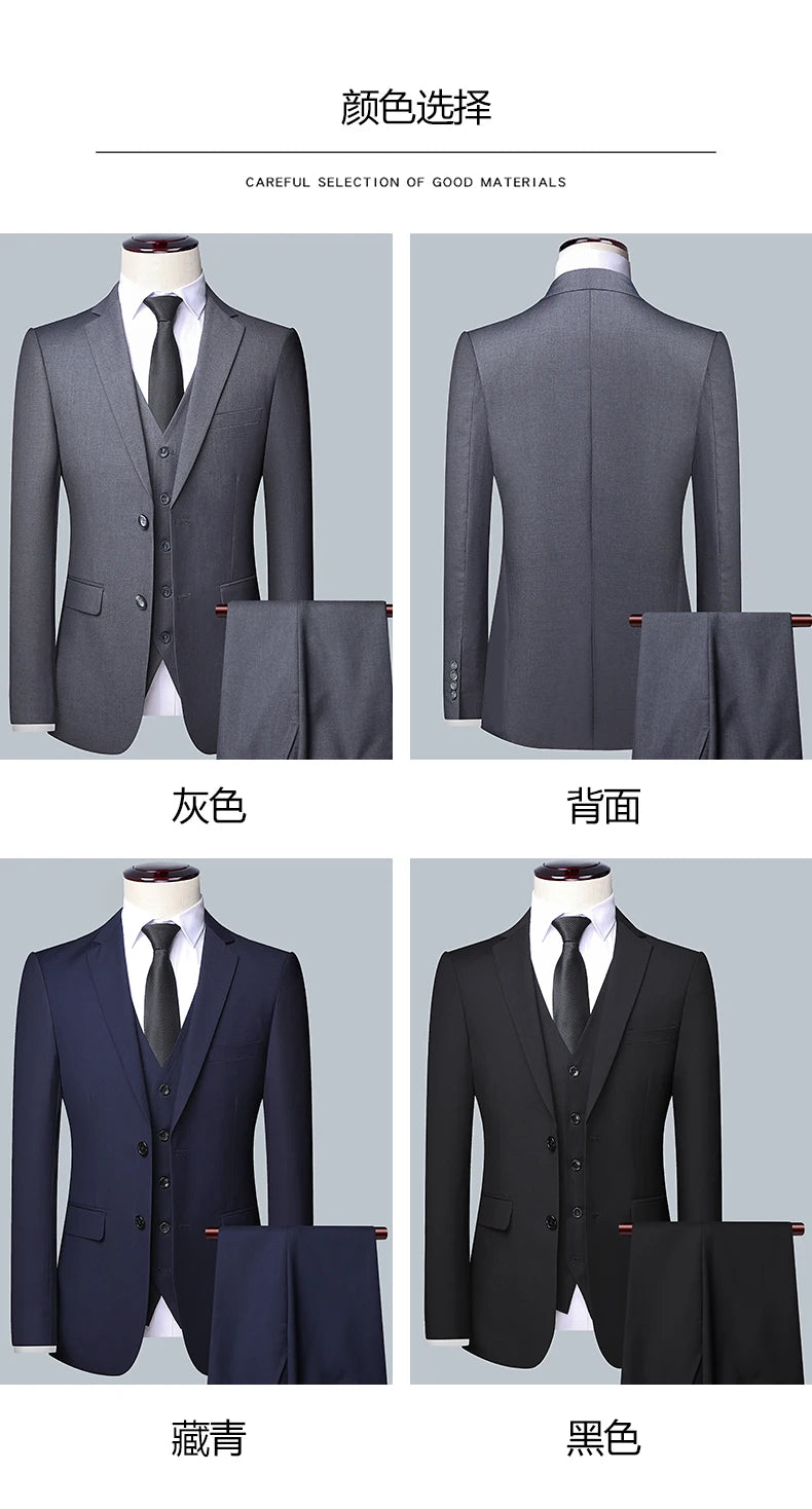 Suit Men Fashion  (Blazer+ Vest + Pants)  Business Wedding Work Casual Slim Professional Dress Groom Best Man Gentleman Suit - BOC-WEAR